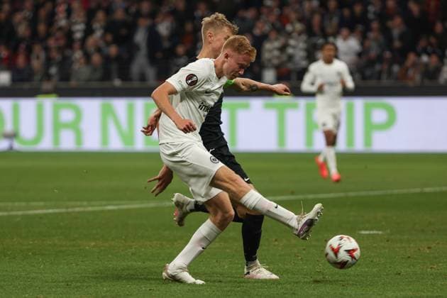 UEFA Europa League Eintracht Frankfurt Rigas FS on 24 10 2024 at Deutsche Bank Park in Frankfurt Hugo Larsson Frankfurt 16 scores to make it 1 - 0 MH