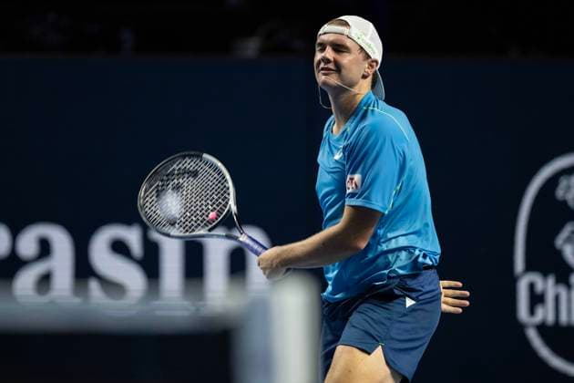 24th October 2024; St. Jakobshalle, Basel, Switzerland; ATP, Tennis Herren 500 Swiss Indoors Basel Tennis, Day 4; Dominic Stricker (SUI) in action against Holger Rune (DEN) in the second round  ActionPlus12706861 DavidxEmm