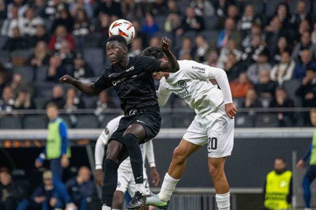 Can Uzun Eintracht Frankfurt Rasid Njie Rigas FS on header, UEFA Europa League 2024 25 League Phase MD3, Eintracht Frankfurt v FC RFS, Deutsche Bank Park, 24 10 2024, Frankfurt am Main, Germany not used in POL SRB CRO FRA GBR NED ITA USA Defodi 747 WD1 7886 Defodi-747 not used in POL SRB CRO FRA GBR NED ITA USA