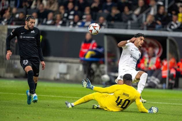Herdi Prenga Rigas FS Omar Marmoush Eintracht Frankfurt Goalkeeper Fabrice Ondoa Rigas FS fighting for the ball, UEFA Europa League 2024 25 League Phase MD3, Eintracht Frankfurt v FC RFS, Deutsche Bank Park, 24 10 2024, Frankfurt am Main, Germany not used in POL SRB CRO FRA GBR NED ITA USA Defodi 747 WD2 9479 Defodi-747 not used in POL SRB CRO FRA GBR NED ITA USA