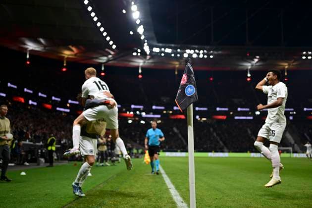 Goal celebration for 1 0 by Hugo Larsson 16 Eintracht Frankfurt , Eintracht Frankfurt vs Riga FS, Europa League, 1 Round, 24 10 2024 Frankfurt Hessen Germany Copyright: xkolbert-press MarcxNiemeyerx