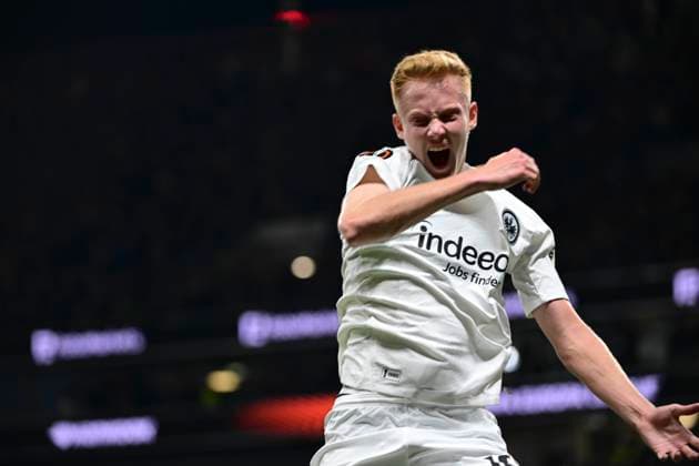 Goal celebration for 1 0 by Hugo Larsson 16 Eintracht Frankfurt , Eintracht Frankfurt vs Riga FS, Europa League, 1 Round, 24 10 2024 Frankfurt Hessen Germany Copyright: xkolbert-press MarcxNiemeyerx