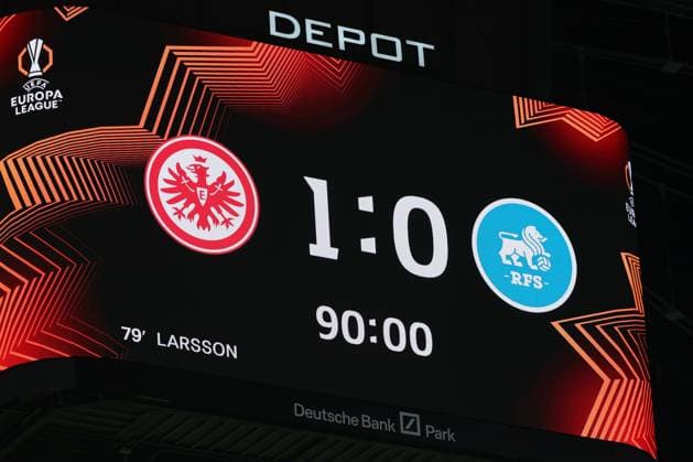 UEFA Europa League Eintracht Frankfurt Rigas FS on 24 10 2024 at Deutsche Bank Park in Frankfurt Scoreboard Video screen with the official final score 1 to 0 MH