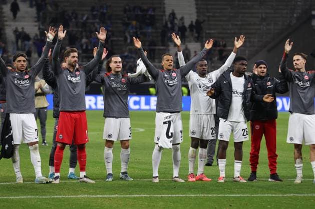 UEFA Europa League Eintracht Frankfurt Rigas FS on 24 10 2024 at Deutsche Bank Park in Frankfurt Cheers of victory for the Eintracht Frankfurt team, here with Omar Marmoush Frankfurt 7 , goalkeeper Kevin Trapp Frankfurt 1 , Arthur Theate Frankfurt 3 , Timothy Chandler Frankfurt 22 , Niels Nkounkou Frankfurt 29 , Eric Junior Dina Ebimbe Frankfurt 26 MH
