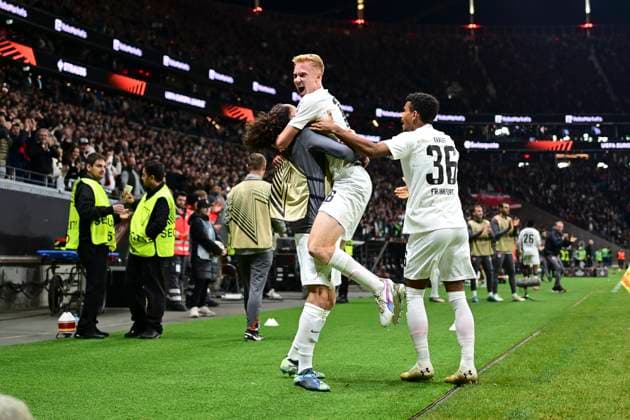 Goal celebration for 1 0 by Hugo Larsson 16 Eintracht Frankfurt , Eintracht Frankfurt vs Riga FS, Europa League, 1 Round, 24 10 2024 Frankfurt Hessen Germany Copyright: xkolbert-press MarcxNiemeyerx