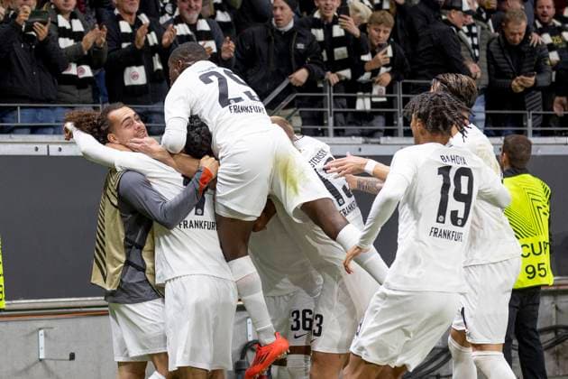 UEFA Europa League Eintracht Frankfurt FC Riga FS, 24 10 2024 Hugo Larsson Eintracht Frankfurt 16 celebrates his goal for 1 0 with Arthur Theate Eintracht Frankfurt 3 Ansgar Knauff Eintracht Frankfurt 36 Omar Marmoush Eintracht Frankfurt 7 Niels Nkounkou Eintracht Frankfurt 29 Jean Bahoya Eintracht Frankfurt 19 Rasmus Kristensen Eintracht Frankfurt 13 , Eintracht Frankfurt FC Riga FS, Frankfurt, Deutsche Bank Park, 24 10 2024 Copyright: xBEAUTIFULxSPORTS Gawlikx