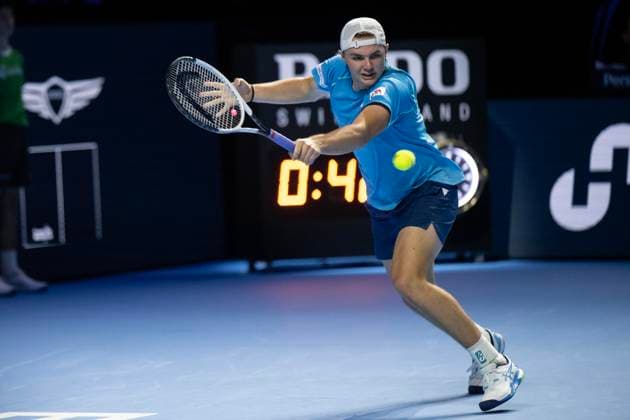 24th October 2024; St. Jakobshalle, Basel, Switzerland; ATP, Tennis Herren 500 Swiss Indoors Basel Tennis, Day 4; Dominic Stricker (SUI) in action against Holger Rune (DEN) in the second round  ActionPlus12706853 DavidxEmm