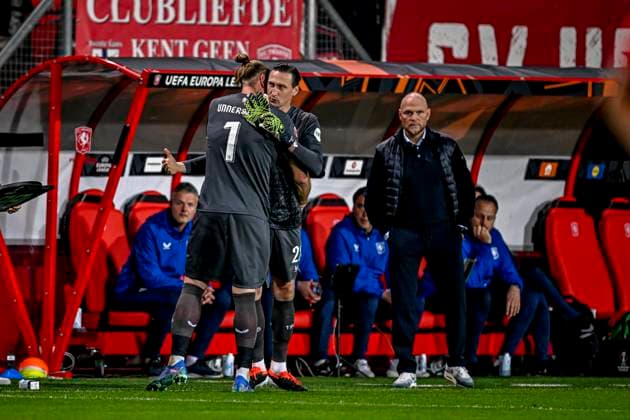 FC Twente goalkeeper Lars Unnerstall, FC Twente goalkeeper Przemyslaw Tyton, FC Twente trainer Joseph Oosting, during the match Twente Lazio at the Grolsch Veste for the UEFA Europa League League phase Matchday 3 season 2024 2025 in ENSCHEDE, Netherlands on 24 oktober 2024, photo by Stefan Koops EYE4images DeFodi Images not used in POL SRB CRO FRA GBR NED ITA USA Defodi 746 196789 Defodi-746 not used in POL SRB CRO FRA GBR NED ITA USA