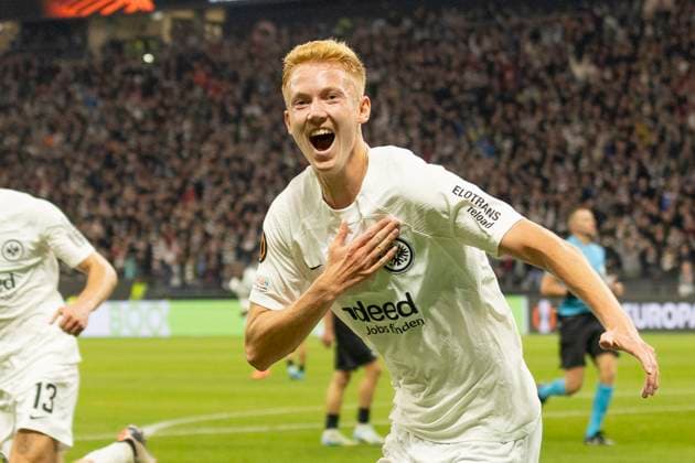 UEFA Europa League Eintracht Frankfurt FC Riga FS, 24 10 2024 Hugo Larsson Eintracht Frankfurt 16 celebrates his goal for 1 0, Eintracht Frankfurt FC Riga FS, Frankfurt, Deutsche Bank Park, 24 10 2024 Copyright: xBEAUTIFULxSPORTS Gawlikx