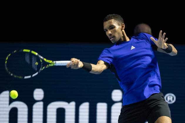 24th October 2024; St. Jakobshalle, Basel, Switzerland; ATP, Tennis Herren 500 Swiss Indoors Basel Tennis, Day 4; Felix Auger-Aliassime (CAN) in action against Giovanni Mpetshi Perricard (FRA) in the second round  ActionPlus12706950 DavidxEmm