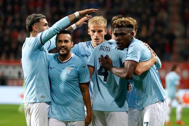 Gustav Isaksen of Lazio Roma celebrates with team mates 0-2 , UEFA Europa League 2024 25 League Phase MD3, FC Twente v S.S. Lazio, De Grolsch Veste, October 24, 2024, Enschede, Netherlands.