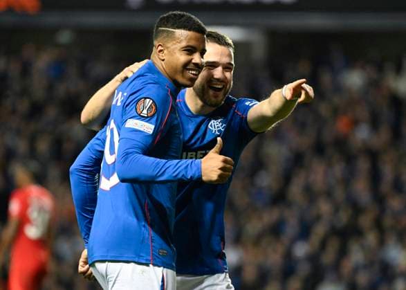 Glasgow, Scotland, 24th October 2024. Hamza Igamane of Rangers celebrates his goal and Rangers fourth with Nicolas Raskin of Rangers during the UEFA Europa League match at Ibrox Stadium, Glasgow. Picture credit should read: Neil Hanna Sportimage EDITORIAL USE ONLY. No use with unauthorised audio, video, data, fixture lists, club league logos or live services. Online in-match use limited to 120 images, no video emulation. No use in betting, games or single club league player publications. SPI-3408-0042