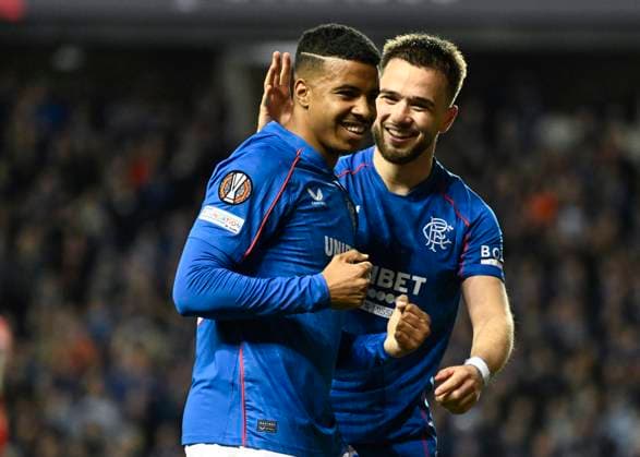 Glasgow, Scotland, 24th October 2024. Hamza Igamane of Rangers celebrates his goal and Rangers fourth with Nicolas Raskin of Rangers during the UEFA Europa League match at Ibrox Stadium, Glasgow. Picture credit should read: Neil Hanna Sportimage EDITORIAL USE ONLY. No use with unauthorised audio, video, data, fixture lists, club league logos or live services. Online in-match use limited to 120 images, no video emulation. No use in betting, games or single club league player publications. SPI-3408-0043
