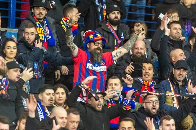Rangers v Steaua Bucharest Europa League 24 10 2024. FCSB fans in full voice ahead of kick off during the Europa League match between Rangers and Steaua Bucharest at Ibrox, Glasgow, Scotland on 24 October 2024. Editorial use only , Copyright: xColinxPoultneyx PSI-20659-0012
