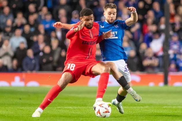 Rangers v Steaua Bucharest Europa League 24 10 2024. Malcom Edjouma of FC Steaua Bucharest cuts off the run off Nicolas Raskin of Rangers FC during the Europa League match between Rangers and Steaua Bucharest at Ibrox, Glasgow, Scotland on 24 October 2024. Editorial use only , Copyright: xColinxPoultneyx PSI-20659-0017