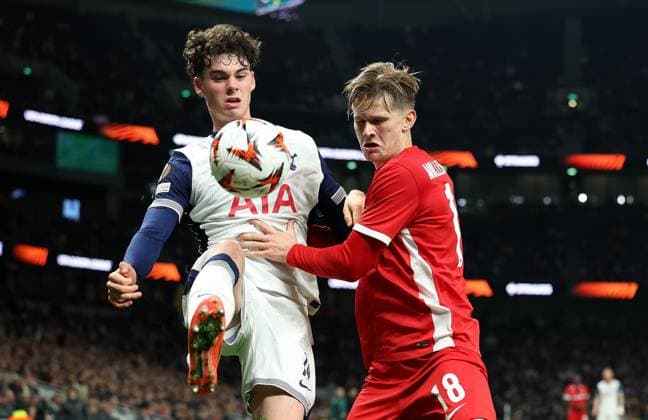 London, England, 24th October 2024. Archie Gray of Tottenham Hotspur and David Moller Wolfe of AZ Alkmaar challenge for the ball during the UEFA Europa League match at the Tottenham Hotspur Stadium, London. Picture credit should read: Paul Terry Sportimage EDITORIAL USE ONLY. No use with unauthorised audio, video, data, fixture lists, club league logos or live services. Online in-match use limited to 120 images, no video emulation. No use in betting, games or single club league player publications. SPI-3406-0048