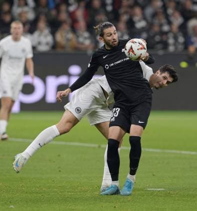 Herdi Prenga vo vs Igor Matanovic photographed at the soccer Europa League match Eintracht Frankfurt vs Rigas AS on 24 10 2024 in Frankfurt DFL DFB REGULATIONS PROHIBIT ANY USE OF PHOTOGRAPHS as IMAGE SEQUENCES and or QUASI VIDEO