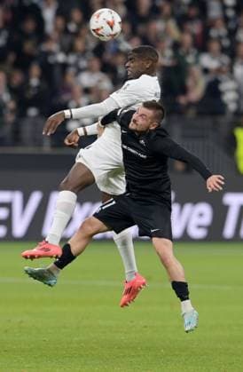 Roberts Savalnieks vo vs Niels Nkounkou photographed at the soccer Europa League match Eintracht Frankfurt vs Rigas AS on 24 10 2024 in Frankfurt DFL DFB REGULATIONS PROHIBIT ANY USE OF PHOTOGRAPHS as IMAGE SEQUENCES and or QUASI VIDEO
