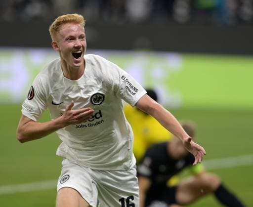 Goalscorer Hugo Larsson celebrates his goal to 1 0 photographed during the soccer Europa League match Eintracht Frankfurt vs Rigas AS on 24 10 2024 in Frankfurt DFL DFB REGULATIONS PROHIBIT ANY USE OF PHOTOGRAPHS as IMAGE SEQUENCES and or QUASI VIDEO