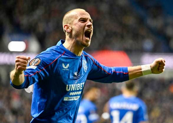 Glasgow, Scotland, 24th October 2024. Vaclav ÄaernÃ½ of Rangers scores his second and Rangers third goal during the UEFA Europa League match at Ibrox Stadium, Glasgow. Picture credit should read: Neil Hanna Sportimage EDITORIAL USE ONLY. No use with unauthorised audio, video, data, fixture lists, club league logos or live services. Online in-match use limited to 120 images, no video emulation. No use in betting, games or single club league player publications. SPI-3408-0055