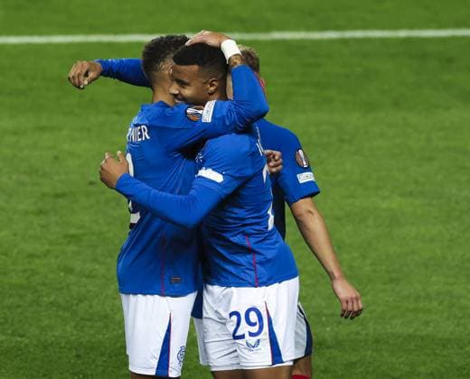 Hamza Igamane of Rangers celebrates scoring his sides fourth goal during the Europa League group phase match at Ibrox Stadium, Glasgow. Rangers v FCSB, UEFA Europa League, Group Stage, Football, Ibrox Stadium, Glasgow, Scotland, UK, 24 Oct 2024 EDITORIAL USE ONLY No use with unauthorised audio, video, data, fixture lists, club league logos or live services. Online in-match use limited to 120 images, no video emulation. No use in betting, games or single club league player publications. Copyright: xLukexNickerson RangersxFC Shutterstockx 14816728bw