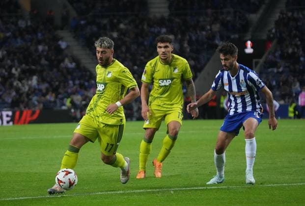 PRT, UEFA Europa League, FC Porto vs Hoffenheim 24 10 2024, Estadio Do Dragao, Porto, PRT, UEFA Europa League, FC Porto vs Hoffenheim , pictured Umut Tohumcu Hoffenheim , Valentin Gendrey Hoffenheim Porto Estadio Do Dragao Portugal ,EDITORIAL USE ONLY