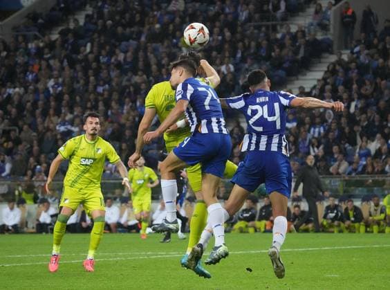 PRT, UEFA Europa League, FC Porto vs Hoffenheim 24 10 2024, Estadio Do Dragao, Porto, PRT, UEFA Europa League, FC Porto vs Hoffenheim , pictured Francisco Moura Porto , Haris Tabakovic Hoffenheim , Nehuen Perez Porto Porto Estadio Do Dragao Portugal ,EDITORIAL USE ONLY