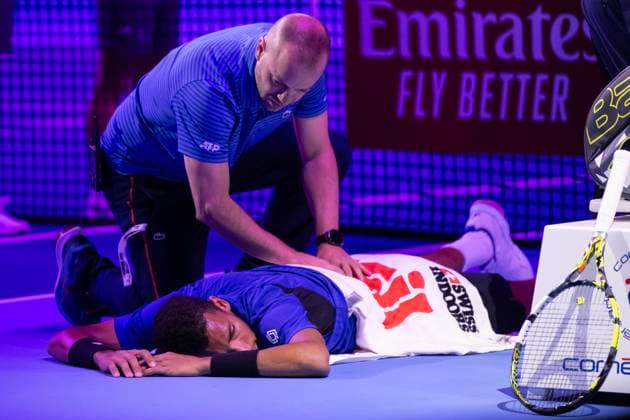 24th October 2024; St. Jakobshalle, Basel, Switzerland; ATP, Tennis Herren 500 Swiss Indoors Basel Tennis, Day 4; Felix Auger-Aliassime (CAN) receives a medical timeout during the match against Giovanni Mpetshi Perricard (FRA) in the second round  ActionPlus12706938 DavidxEmm
