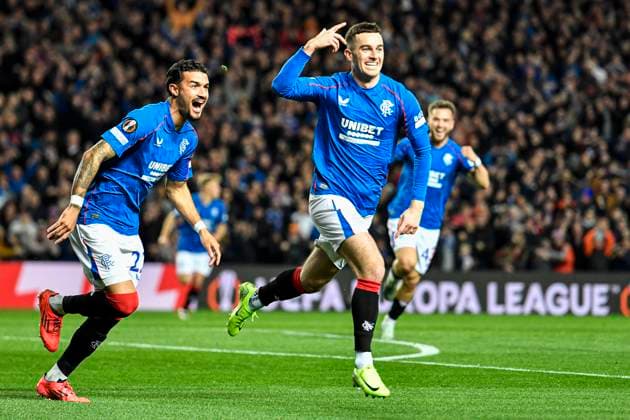 Rangers v Fotbal Club FCSB UEFA Europa League Tom Lawrence of Rangers scores their sides first goal of the match and celebrates his goal during the UEFA Europa League match at Ibrox Stadium, Glasgow UK Newspapers OUT Copyright: xJamiexJohnstonx FIL-20822-0033