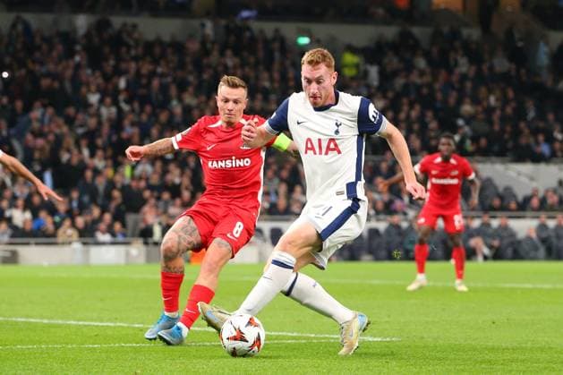 24th October 2024; Tottenham Hotspur Stadium, London, England; UEFA Europa League Football, Tottenham Hotspur versus AZ Alkmaar; Dejan Kulusevski of Tottenham Hotspur takes on Jordy Clasie of AZ Alkmaar.  ActionPlus12707047 KatiexChan