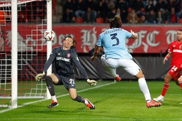 goalkeeper PrzemysÅ‚aw Tyton of FC Twente, Luca Pellegrini of Lazio Roma , UEFA Europa League 2024 25 League Phase MD3, FC Twente v S.S. Lazio, De Grolsch Veste, October 24, 2024, Enschede, Netherlands.