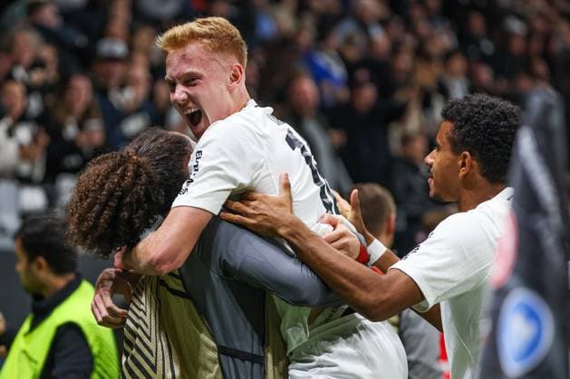 UEFA Europa League Eintracht Frankfurt Rigas FS on 24 10 2024 at Deutsche Bank Park in Frankfurt Cheers, goal celebration, goal scorer Hugo Larsson Frankfurt 16 celebrates after his goal for 1 to 0 with Arthur Theate Frankfurt 3 and Ansgar Knauff Frankfurt 36 MH