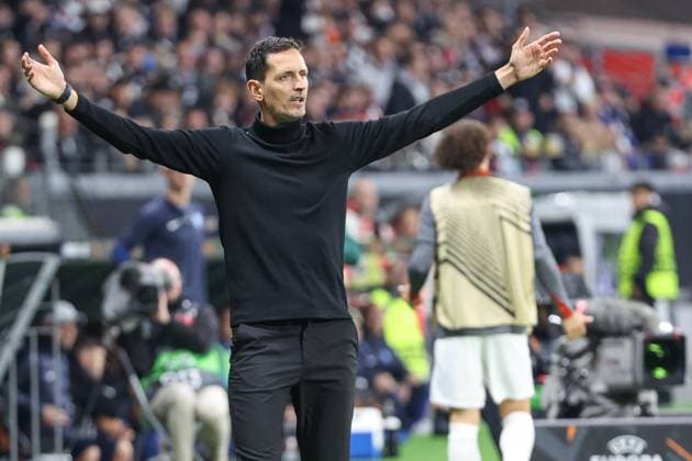 UEFA Europa League Eintracht Frankfurt Rigas FS on 24 10 2024 at Deutsche Bank Park in Frankfurt Coach Dino Toppmöller Toppmoeller Toppmoller Frankfurt gestures MH