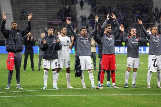 UEFA Europa League Eintracht Frankfurt Rigas FS on 24 10 2024 at Deutsche Bank Park in Frankfurt Cheering about the victory at the Eintracht Frankfurt team, here among others with goalkeeper Kaua Morais Vieira dos Santos Frankfurt 40 , Fares Chaibi Frankfurt 8 , Ellyes Skhiri Frankfurt 15 , Omar Marmoush Frankfurt 7 , goalkeeper Kevin Trapp Frankfurt 1 , Arthur Theate Frankfurt 3 , Timothy Chandler Frankfurt 22 MH
