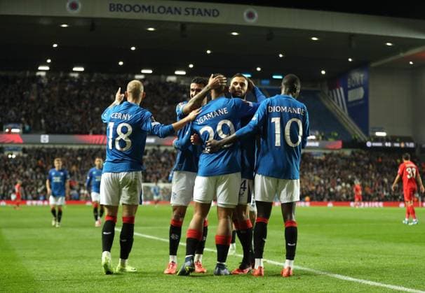 Hamza Igamane of Rangers celebrates his goal with his team mates during the Europa League group phase match at Ibrox Stadium, Glasgow. Rangers v FCSB, UEFA Europa League, Group Stage, Football, Ibrox Stadium, Glasgow, Scotland, UK, 24 Oct 2024 EDITORIAL USE ONLY No use with unauthorised audio, video, data, fixture lists, club league logos or live services. Online in-match use limited to 120 images, no video emulation. No use in betting, games or single club league player publications. Copyright: xKirkxO Rourke RangersxFC Shutterstockx 14816713hd