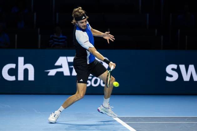 25th October 2024; St. Jakobshalle, Basel, Switzerland; ATP, Tennis Herren 500 Swiss Indoors Basel Tennis, Day 5; Stefanos Tsitsipas (GRE) in action against Arthur Fils (FRA) in the quarter finals  ActionPlus12707135 DavidxEmm