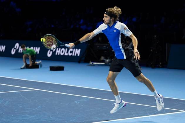 25th October 2024; St. Jakobshalle, Basel, Switzerland; ATP, Tennis Herren 500 Swiss Indoors Basel Tennis, Day 5; Stefanos Tsitsipas (GRE) in action against Arthur Fils (FRA) in the quarter finals  ActionPlus12707139 DavidxEmm
