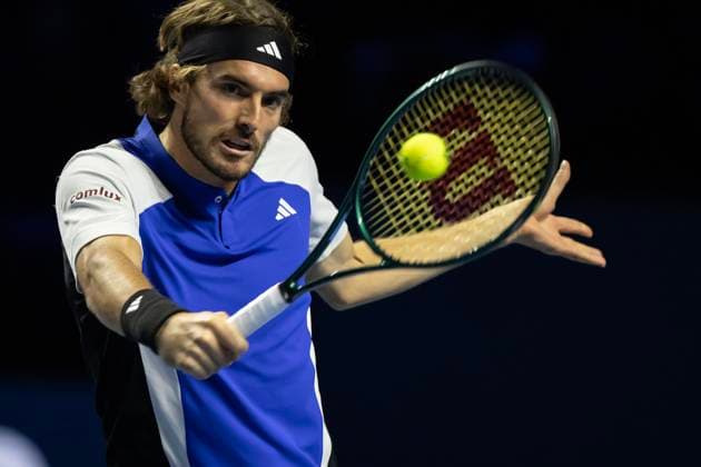 25th October 2024; St. Jakobshalle, Basel, Switzerland; ATP, Tennis Herren 500 Swiss Indoors Basel Tennis, Day 5; Stefanos Tsitsipas (GRE) in action against Arthur Fils (FRA) in the quarter finals  ActionPlus12707141 DavidxEmm