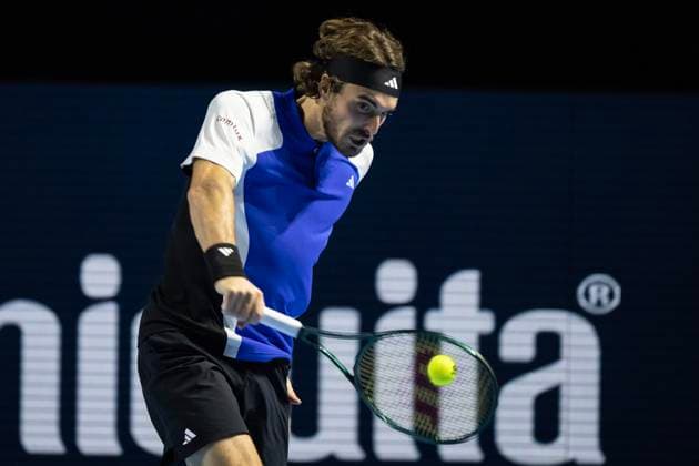 25th October 2024; St. Jakobshalle, Basel, Switzerland; ATP, Tennis Herren 500 Swiss Indoors Basel Tennis, Day 5; Stefanos Tsitsipas (GRE) in action against Arthur Fils (FRA) in the quarter finals  ActionPlus12707151 DavidxEmm