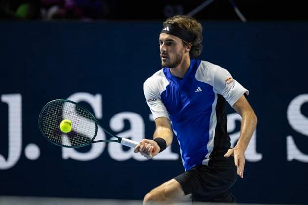 25th October 2024; St. Jakobshalle, Basel, Switzerland; ATP, Tennis Herren 500 Swiss Indoors Basel Tennis, Day 5; Stefanos Tsitsipas (GRE) in action against Arthur Fils (FRA) in the quarter finals  ActionPlus12707152 DavidxEmm