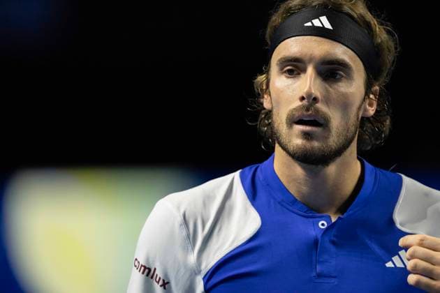 25th October 2024; St. Jakobshalle, Basel, Switzerland; ATP, Tennis Herren 500 Swiss Indoors Basel Tennis, Day 5; Stefanos Tsitsipas (GRE) in action against Arthur Fils (FRA) in the quarter finals  ActionPlus12707158 DavidxEmm