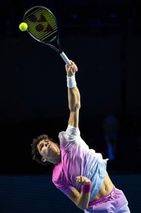 25th October 2024; St. Jakobshalle, Basel, Switzerland; ATP, Tennis Herren 500 Swiss Indoors Basel Tennis, Day 5; Ben Shelton (USA) in action against Andrey Rublev (RUS) in the quarter finals  ActionPlus12707349 DavidxEmm