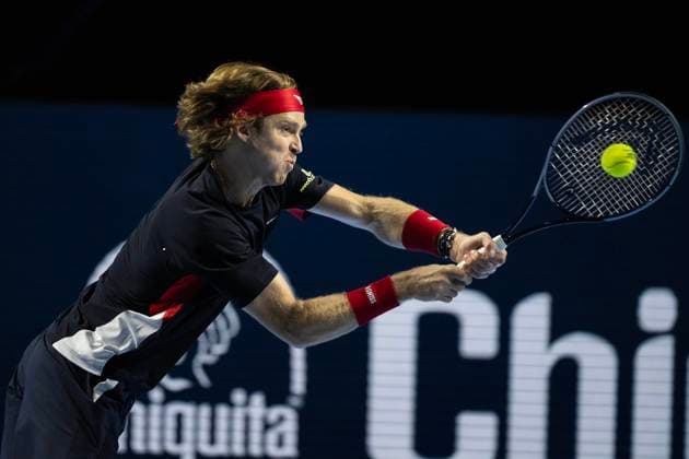 25th October 2024; St. Jakobshalle, Basel, Switzerland; ATP, Tennis Herren 500 Swiss Indoors Basel Tennis, Day 5; Andrey Rublev (RUS) in action against Ben Shelton (USA) in the quarter finals  ActionPlus12707350 DavidxEmm