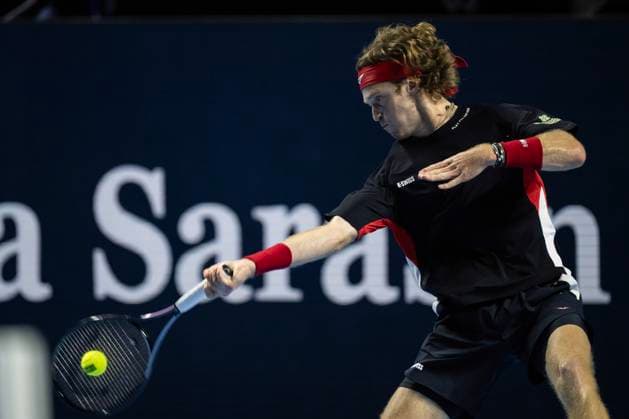 25th October 2024; St. Jakobshalle, Basel, Switzerland; ATP, Tennis Herren 500 Swiss Indoors Basel Tennis, Day 5; Andrey Rublev (RUS) in action against Ben Shelton (USA) in the quarter finals  ActionPlus12707355 DavidxEmm