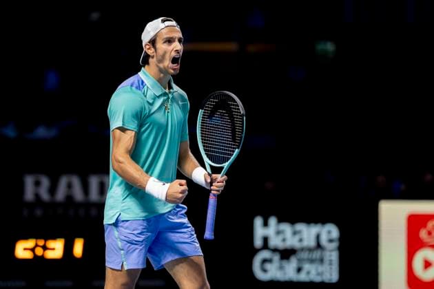 LORENZO MUSETTI ITA in picture celebrating his victory in match against ALEXANDER ZVEREV GER at the ATP World Tour, Erste Bank Open at the Wiener Stadthalle Vienna