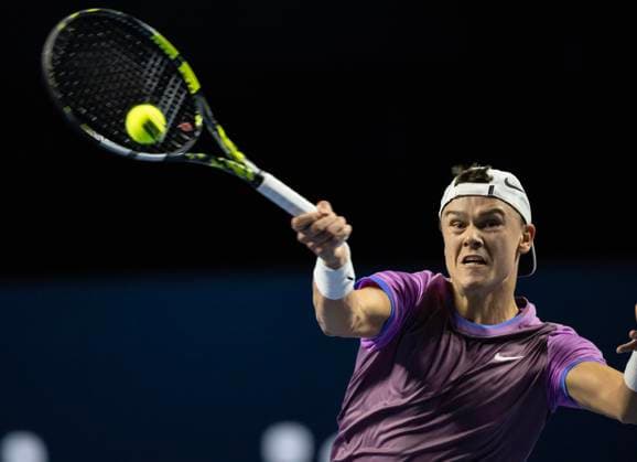 25th October 2024; St. Jakobshalle, Basel, Switzerland; ATP, Tennis Herren 500 Swiss Indoors Basel Tennis, Day 5; Holger Rune (DEN) in action against David Goffin (BEL) in the quarter finals  ActionPlus12707540 DavidxEmm