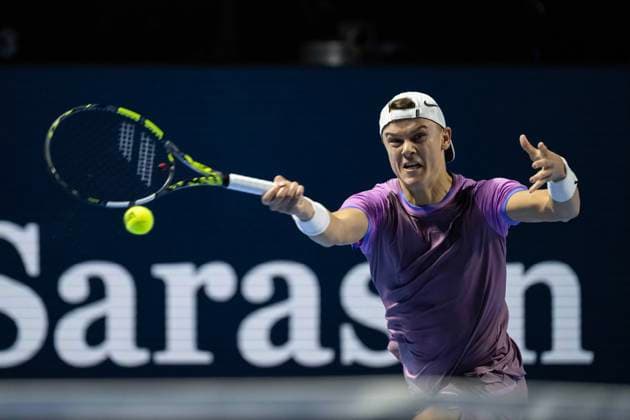 25th October 2024; St. Jakobshalle, Basel, Switzerland; ATP, Tennis Herren 500 Swiss Indoors Basel Tennis, Day 5; Holger Rune (DEN) in action against David Goffin (BEL) in the quarter finals  ActionPlus12707541 DavidxEmm