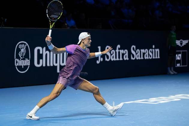 25th October 2024; St. Jakobshalle, Basel, Switzerland; ATP, Tennis Herren 500 Swiss Indoors Basel Tennis, Day 5; Holger Rune (DEN) in action against David Goffin (BEL) in the quarter finals  ActionPlus12707549 DavidxEmm