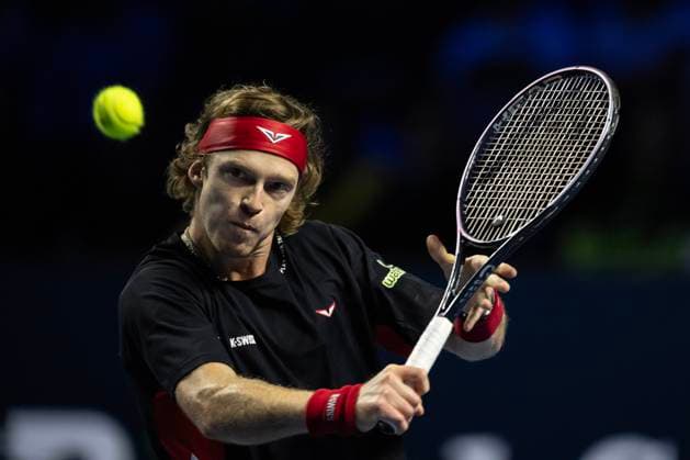 25th October 2024; St. Jakobshalle, Basel, Switzerland; ATP, Tennis Herren 500 Swiss Indoors Basel Tennis, Day 5; Andrey Rublev (RUS) in action against Ben Shelton (USA) in the quarter finals  ActionPlus12707552 DavidxEmm