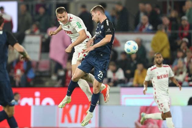 Steffen Tigges 1 FC Koeln and Tjark Scheller SC Paderborn in a duel during the 2 Bundesliga match between 1 FC Koeln and SC Paderborn 07, RheinEnergieStadion on October 25, 2024 in Cologne, Germany Photo by Oliver Kaelke DeFodi Images Steffen Tigges 1 FC Koeln and Tjark Scheller SC Paderborn battle for the ball during the 2 Bundesliga match between 1 FC Koeln and SC Paderborn 07 at RheinEnergieStadion on October 25, 2024 in Cologne, Germany Photo by Oliver Kaelke DeFodi Images DFL regulations prohibit any use of photographs as image sequences and or quasi video not used in POL SRB CRO FRA GBR NED ITA USA Defodi 678 2024 10 25 OK FCKSCP 1993 Defodi-678 not used in POL SRB CRO FRA GBR NED ITA USA DFL regulations prohibit any use of photographs as image sequences and or quasi-video.